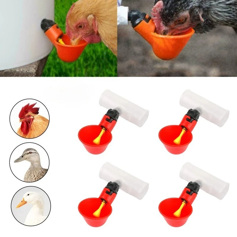 4Pcs Automatic Chicken Quail Drinker Bowl Bird Water Cups Straight Pipe With Yellow Nipple Poultry Drinking Water System