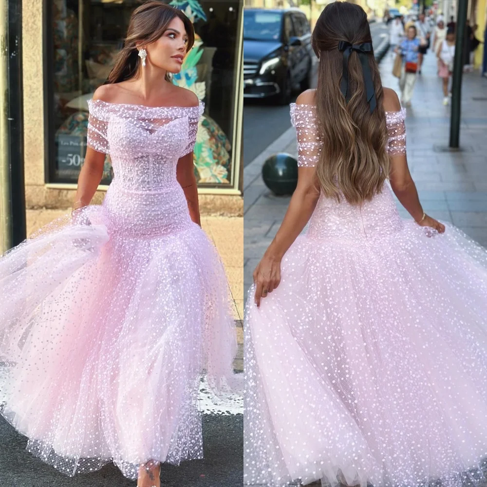 Customized Classic Net Pleat A-line Off-the-shoulder Midi Dresses Party Dresses Exquisite Modern Style Pastrol Unisex Chinese St