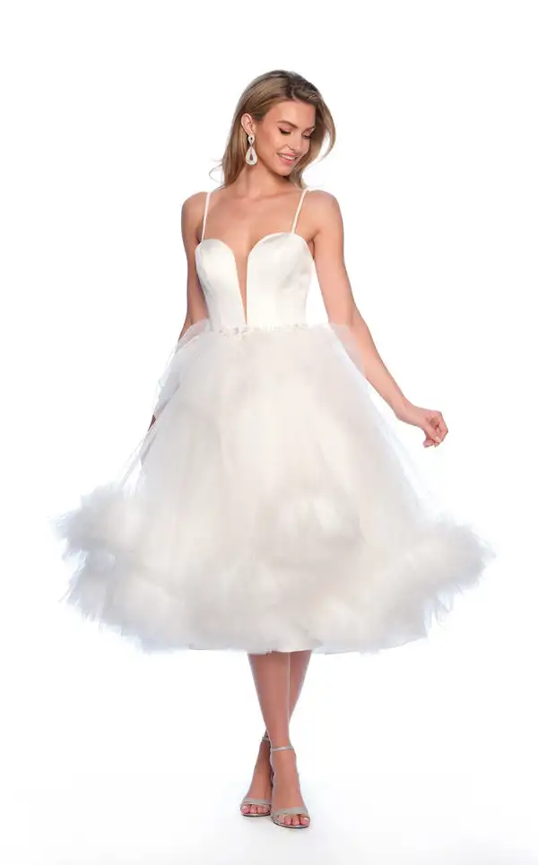Customized Simple Tulle Criss-Cross Bow Tiered Pleat A-line Spaghetti strap Midi Dresses Bespoke Occasion Dresses Formal Fashion
