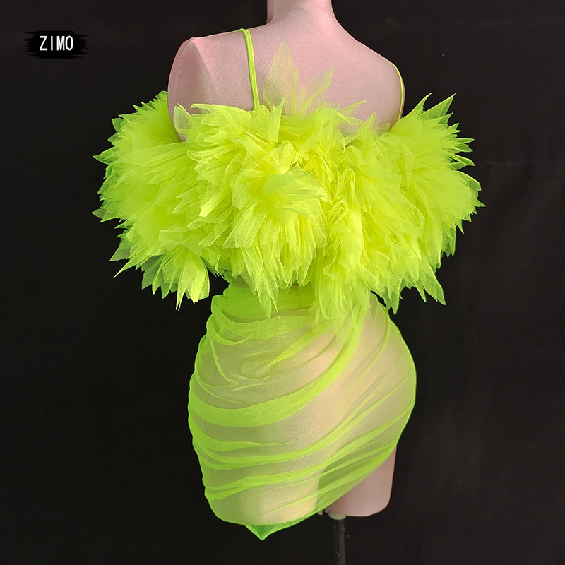 2022 neon green mesh dress sexy spaghetti strap See-through Detachable with tail party wedding birthday outfits for women stage