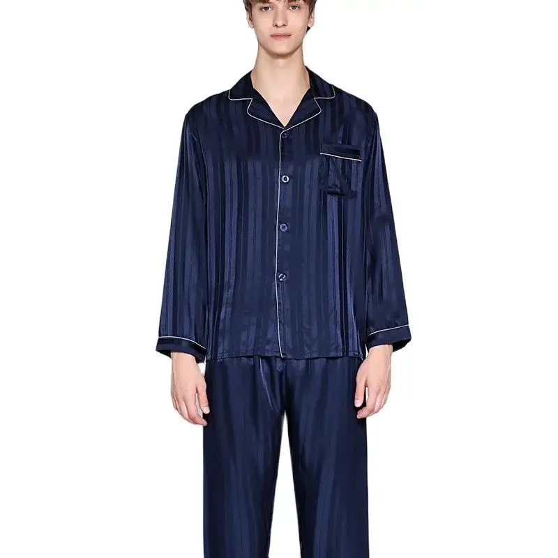 Birdtree 100% Silk Pajamas Sets Men Homewear Male Casual Striped Long Sleeve Loungewear Pant 2Piece Sleepwear S3N845QM