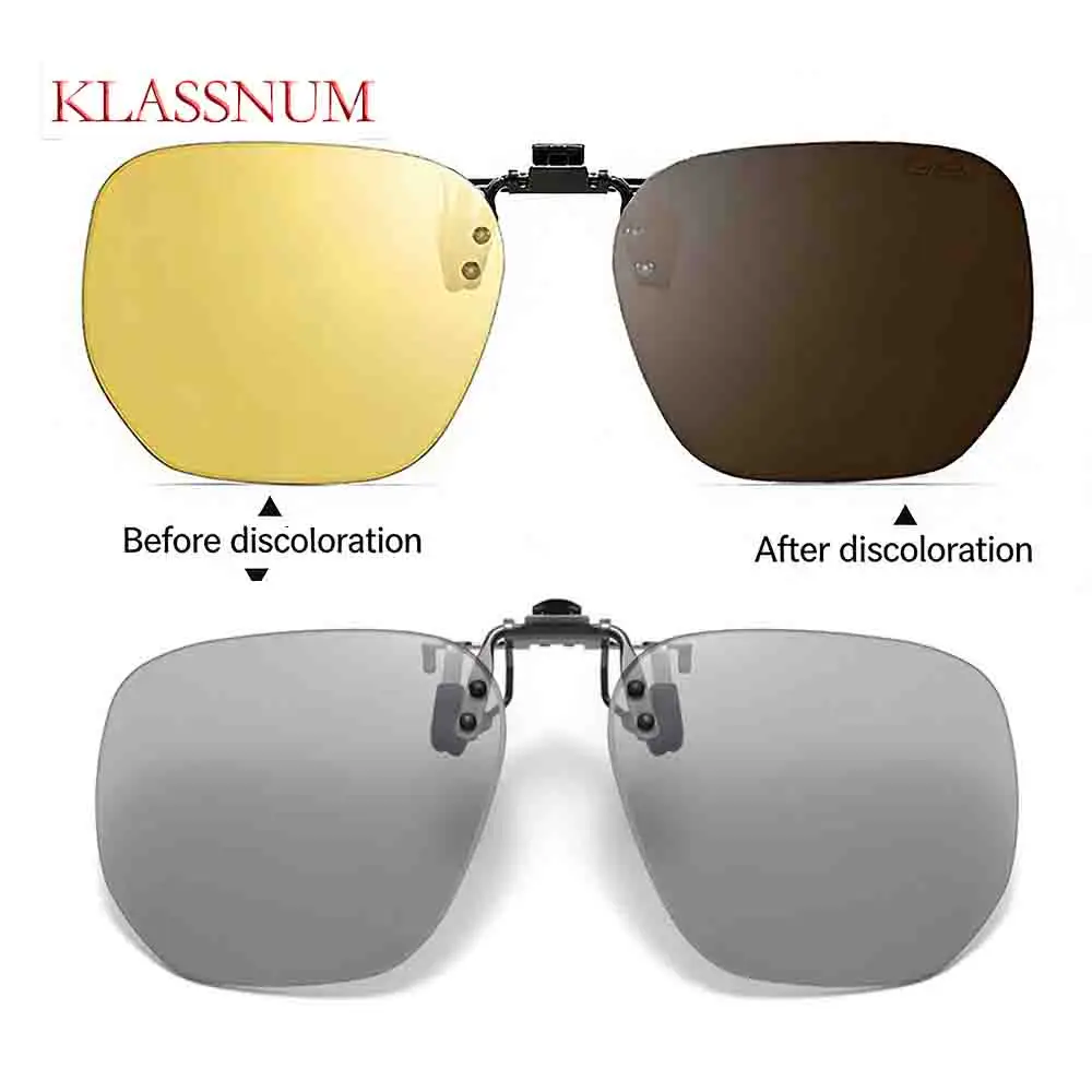 KLASSNUM Square Clip On Sunglasses Men Women Rimless Myopic Driving Fishing Polarized Shades Discolorable UV400 Night Glasses