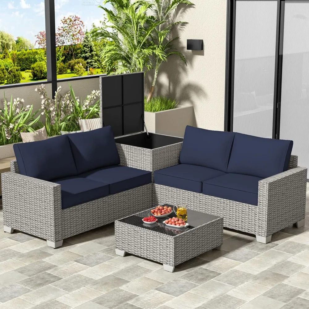 

4 Piece Patio Furniture Set, Outdoor Furniture with Storage Box, L Shaped Patio Conversation Couch Sofa Set, PE Rattan, Tempered