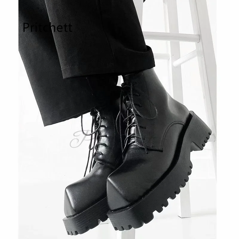 Rhino Horn Motorcycle Boots Men's British Style Women's Thick Bottom Ankle Boots High Top Lace Up Couple Shoes for Men Women