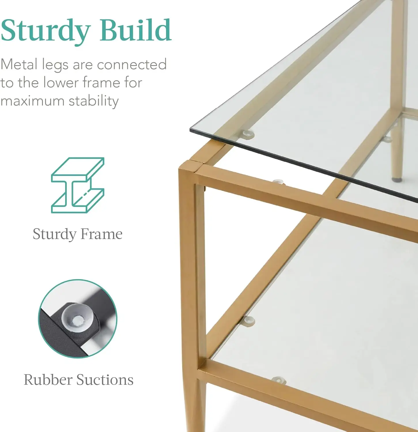 32” Modern 2-Tier Square Coffee Table - Gold Metal Frame with Glass Shelves, Large Accent Furniture for Living Room & Bedroom