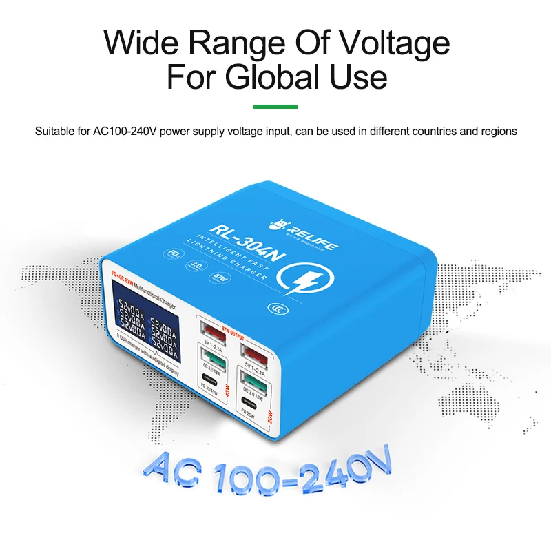RELIFE Fast Charger Socket 87W LCD Smart Digital Display 6-port USB Desktop Charging Station