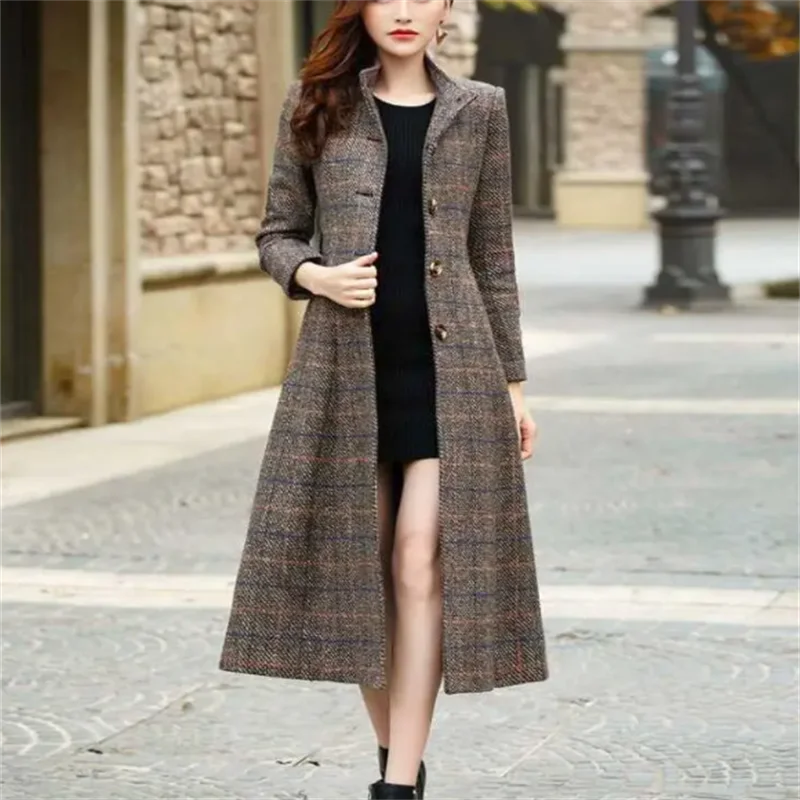 

high quality women's long office coat autumn winter single-breasted belt jacket luxury warm female thick wool coat ol top JJ739