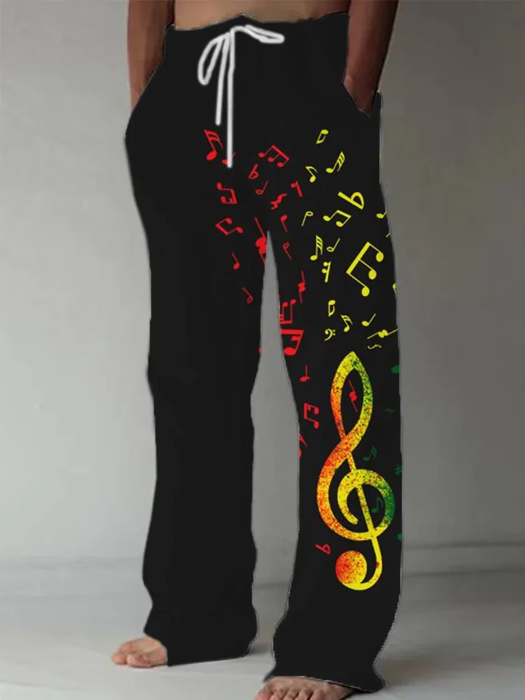 New Hawaiian style linen pants summer fashion 3D printed note wide leg pants holiday casual loose pants men's loose beach pants