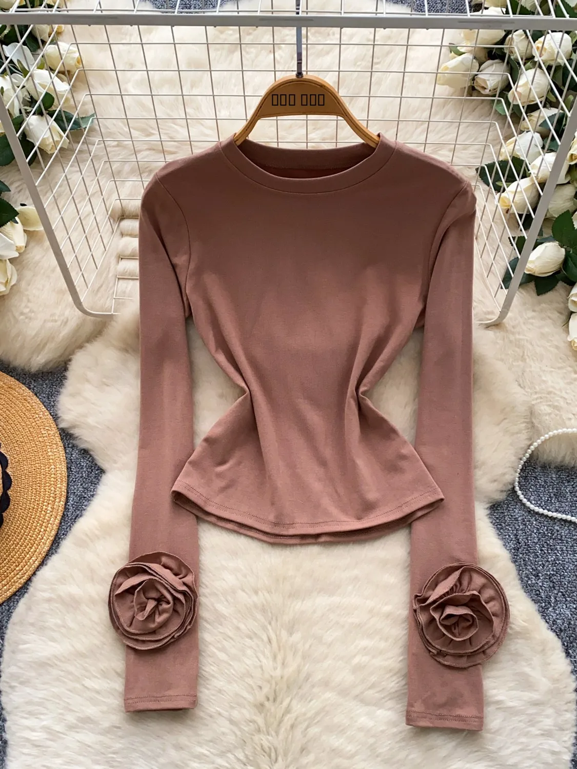 

Женская облегающая футболка Long Sve round Ne с тяжелой вышивкой и цветочным принтом Base irt Sli, универсальный корейский топ