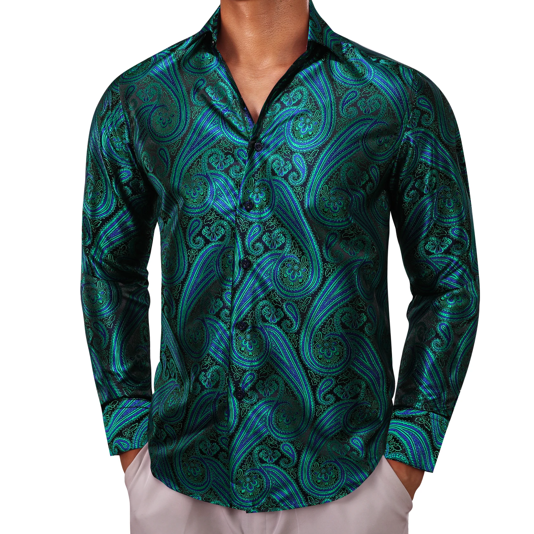 Designer Shirts for Men Silk Long Sleeve Green Teal Paisley Slim Fit Male Blouses Casual Formal Tops Breathable Barry Wang