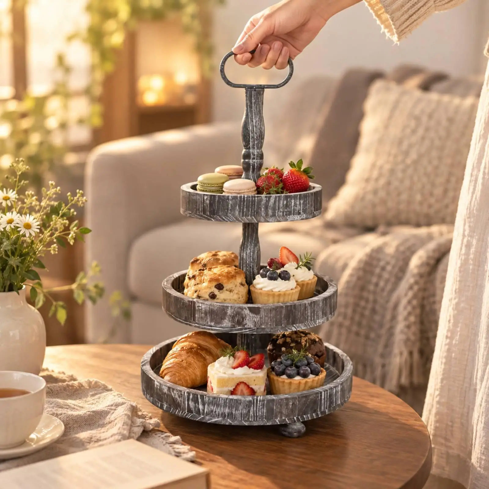 Wooden Tiered Dessert Display Stand Sturdy Tiered Dessert Stand with Carrying Handle Long-Lasting Farmhouse for Celebrations