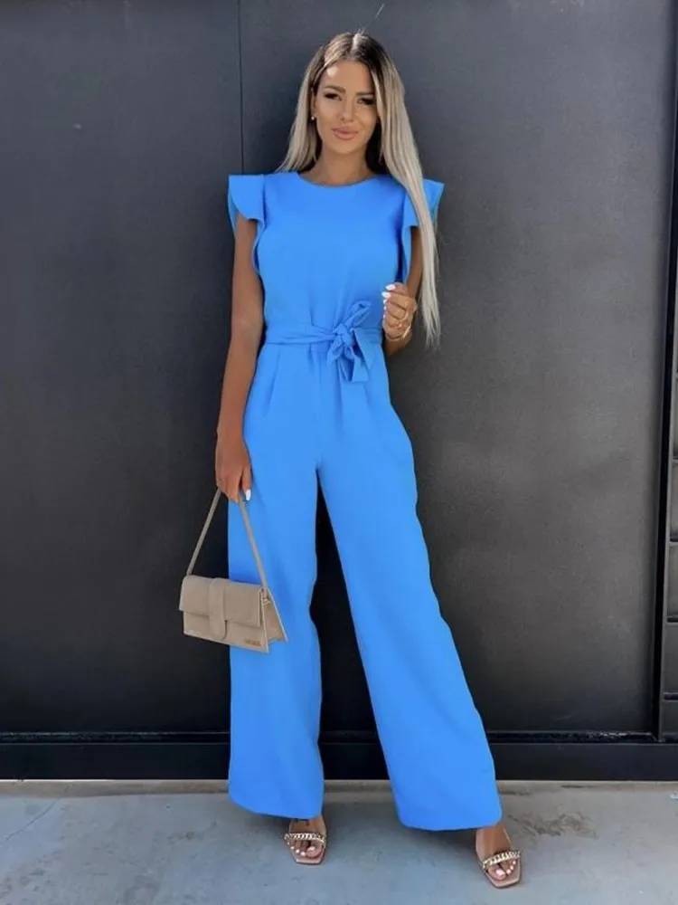 

2024 Summer Casual Jumpsuits Fashion Butterfly Sleeve Wide Leg Jumpsuit Women Elegant Romper Vintage Streetwear Overalls