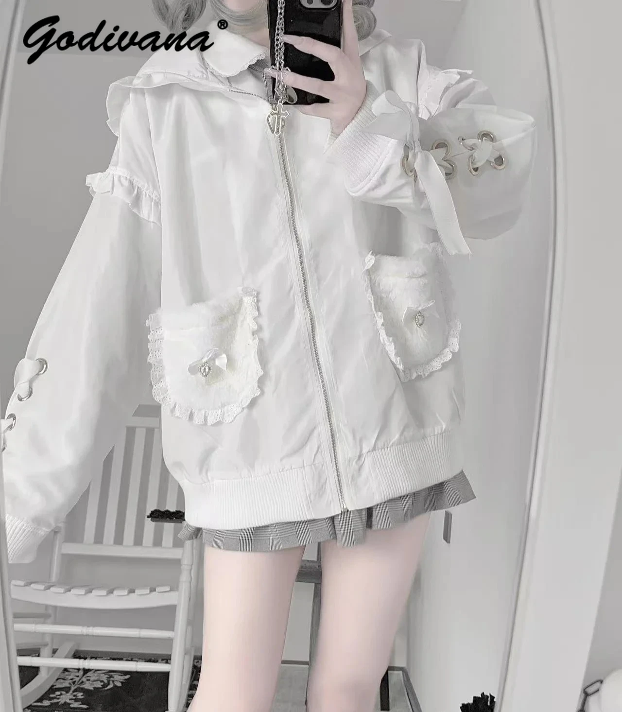 New Autumn and Winter Japanese Mass-Produced Cute Plush Rabbit Ears Hooded Jacket Girls Women's Loose Zipper Hoodie Coat Outwear