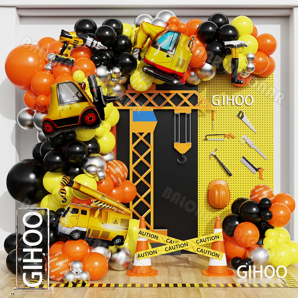 142pcs Engineering Vehicle Construction Truck Orange Yellow Black Balloon Arch Kit Boy Excavator Birthday Party Baby Shower Deco