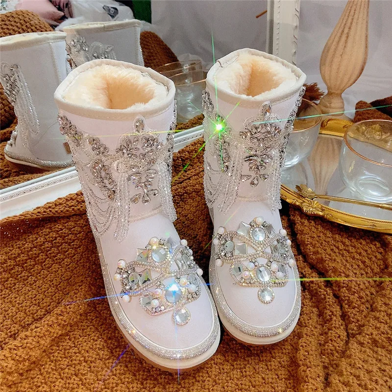 Genuine Leather Mid-Calf Warm Snow Boots Luxury Handmade Shoes Woman Sparkling Rhinestones Princess Thicken Fur Winter Shoes