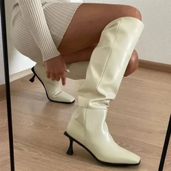 Meotina Women Genuine Leather Knee High Boots Square Toe Thin High Heels Pleated Long Boot Ladies Fashion Shoes Autumn Winter 43