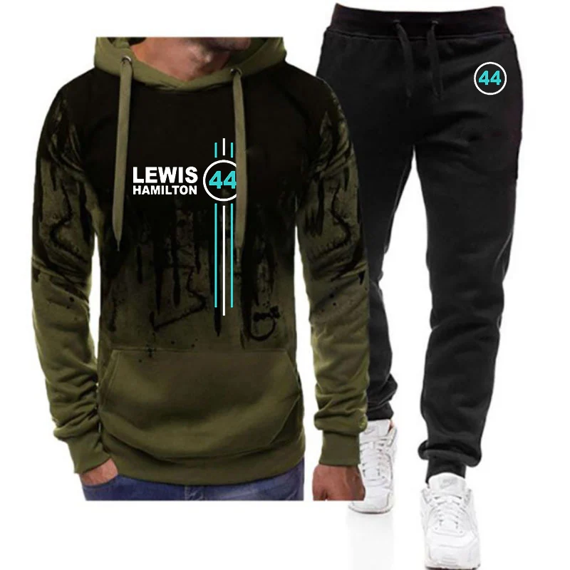 F1 Driver Lewis Hamilton Digital 44 Men Fashion Spring Autumn Gradient Color Hooded Hoodie + Print Sweatpant Sportwear Suit