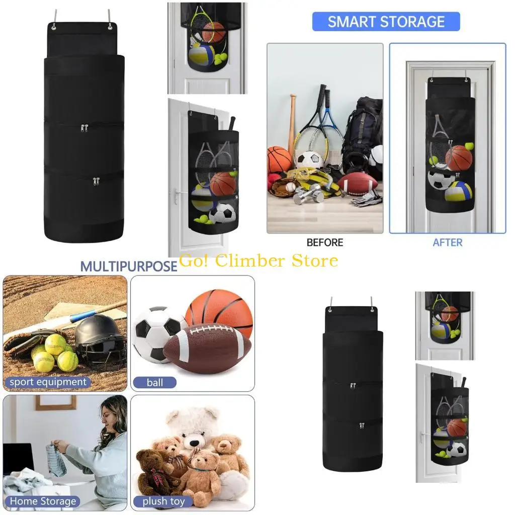 

Q84C Black Wall Storage Organizer Over The Door Hanging Sports Equipment And Ball Storage, Garage Sports Equipment Organizer