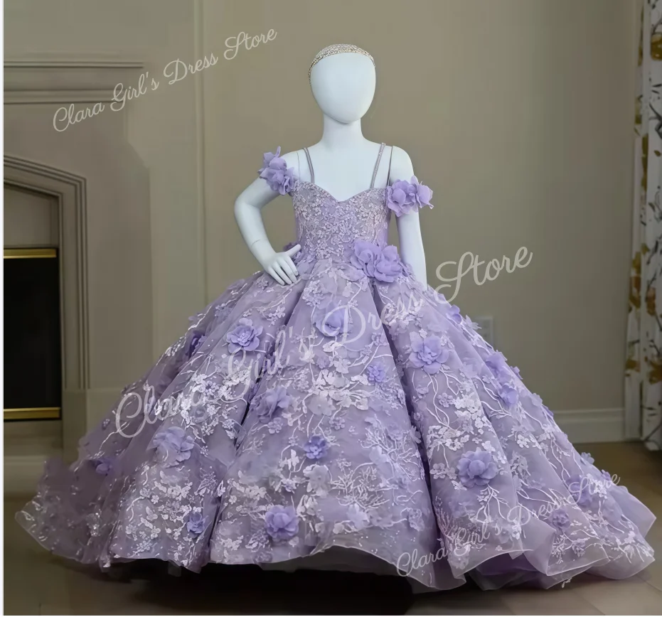 

Lavender Flower Girl Dresses for Wedding Floral Appliques Bead Girl Kids Birthday Party First Holy Communion Gowns