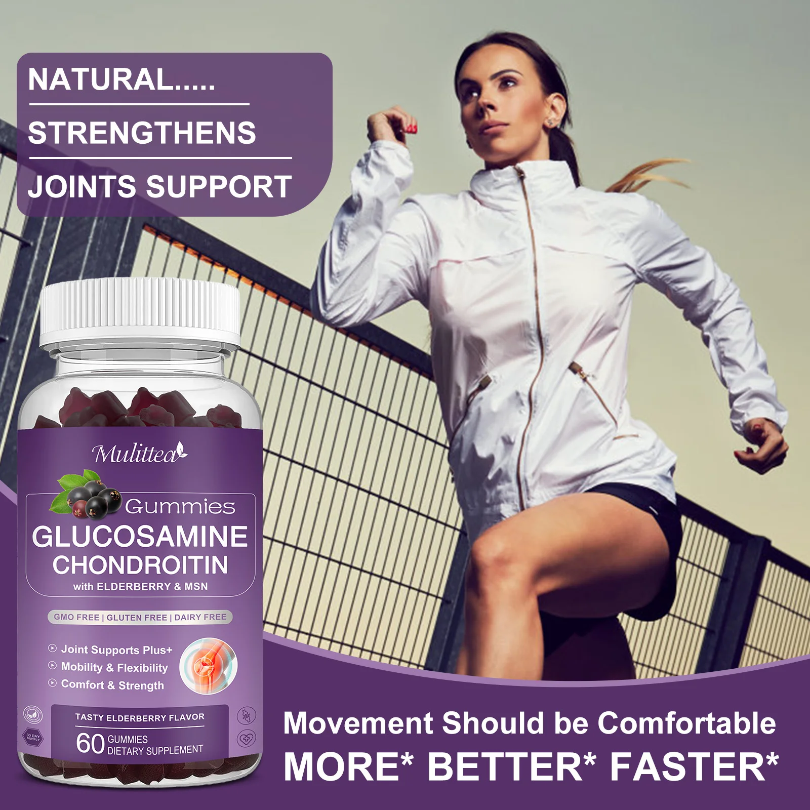 Mulittea Glucosamine 1500 mg Chondroitin gummies Relieve Joint Support Antioxidant Immune Support Supplement for Adults