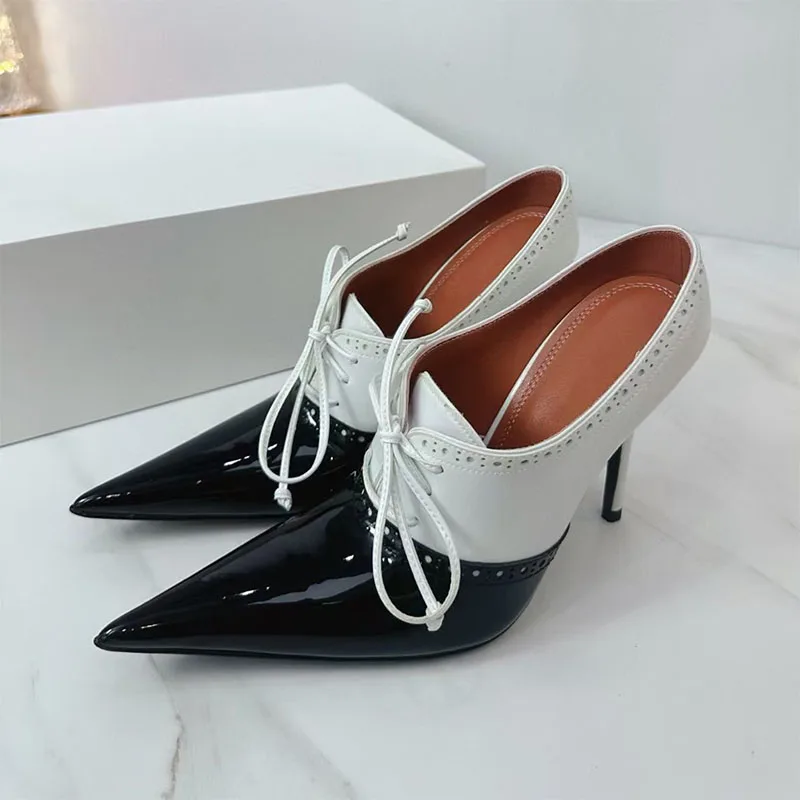 

New High Heels 10 cm Women Pumps Patent Leather Pointed Toe Lace Up Mules Shoes Woman Thin Heels Runway Shoes For Women