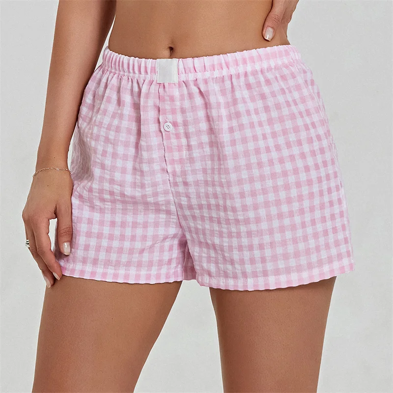 Shorts de pijama Y2K feminino, boxers com botões micro, cintura elástica, bottoms fofos de pijama, shorts de praia xadrez, verão, 2024