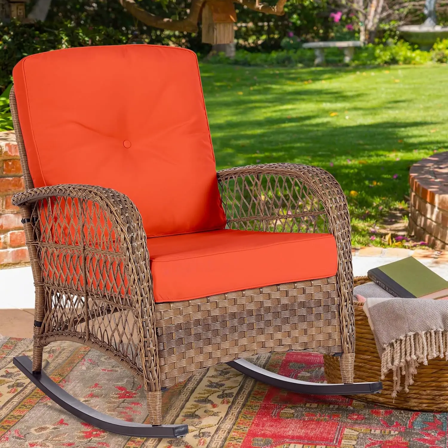 

Outdoor Wicker Patio Rocking Chair Cushioned Rattan Rocker Chair for Porch, Deck, Poolside with Steel Frame