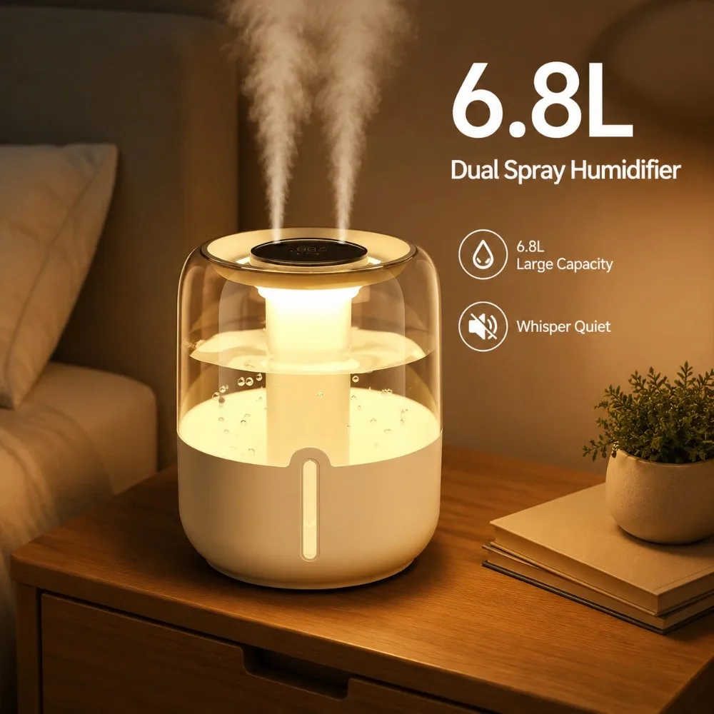 

6.8L Dual Spray USB Humidifier Large Capacity Quiet Cool Mist Humidifier With Soft Night Light For Bedroom Home Office Baby Room