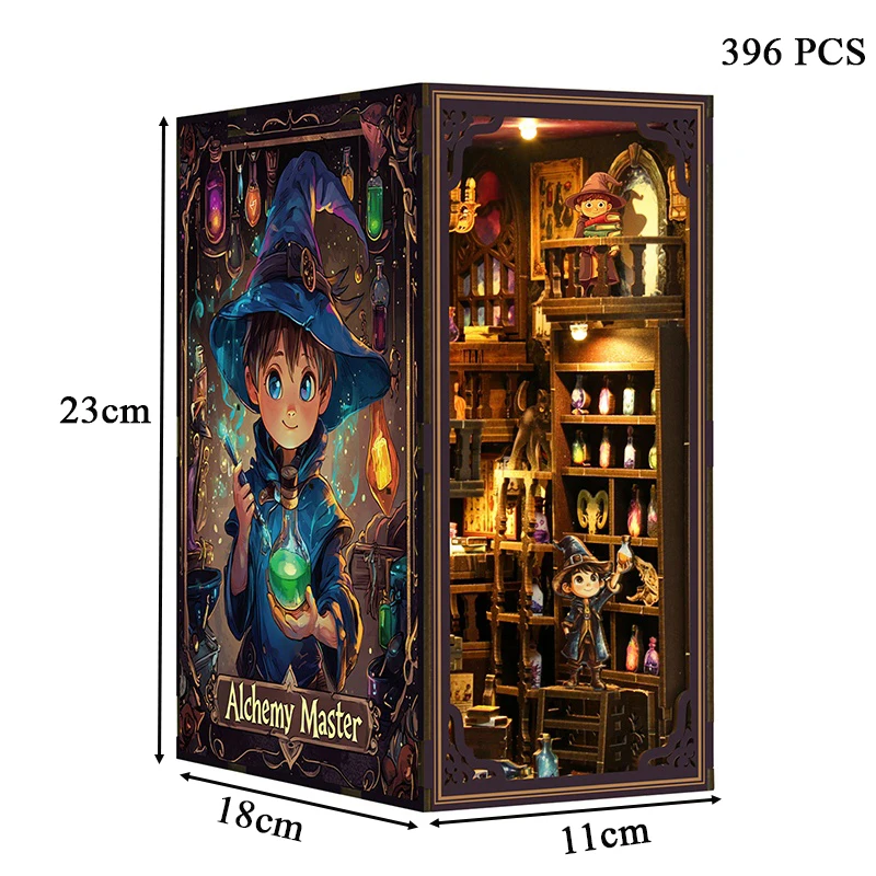 NOWOŚĆ DIY Book Nook Półka Zestawy wkładek Alchemy Master Półka na książki Drewniane miniaturowe zestawy modeli Ręcznie robione podpórki do książek Przyjaciele Prezenty urodzinowe