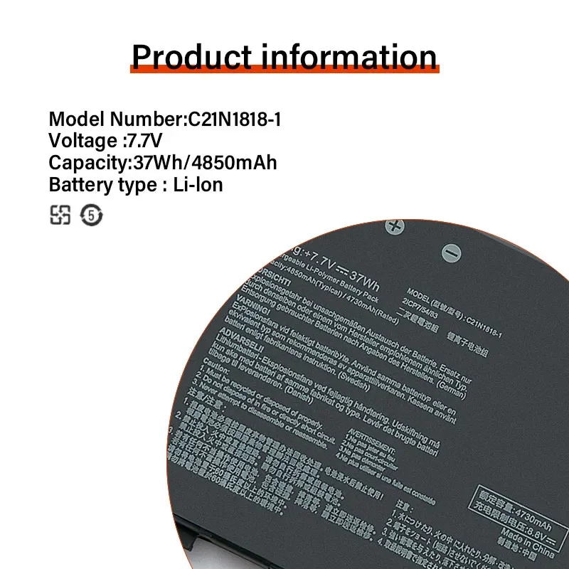 بطارية بديلة للكمبيوتر المحمول C21N1818-1L متينة من الطبقة العليا - ليثيوم أيون عالي الكثافة، متوافقة مع أصلية، طاقة ثابتة للعمل اليومي