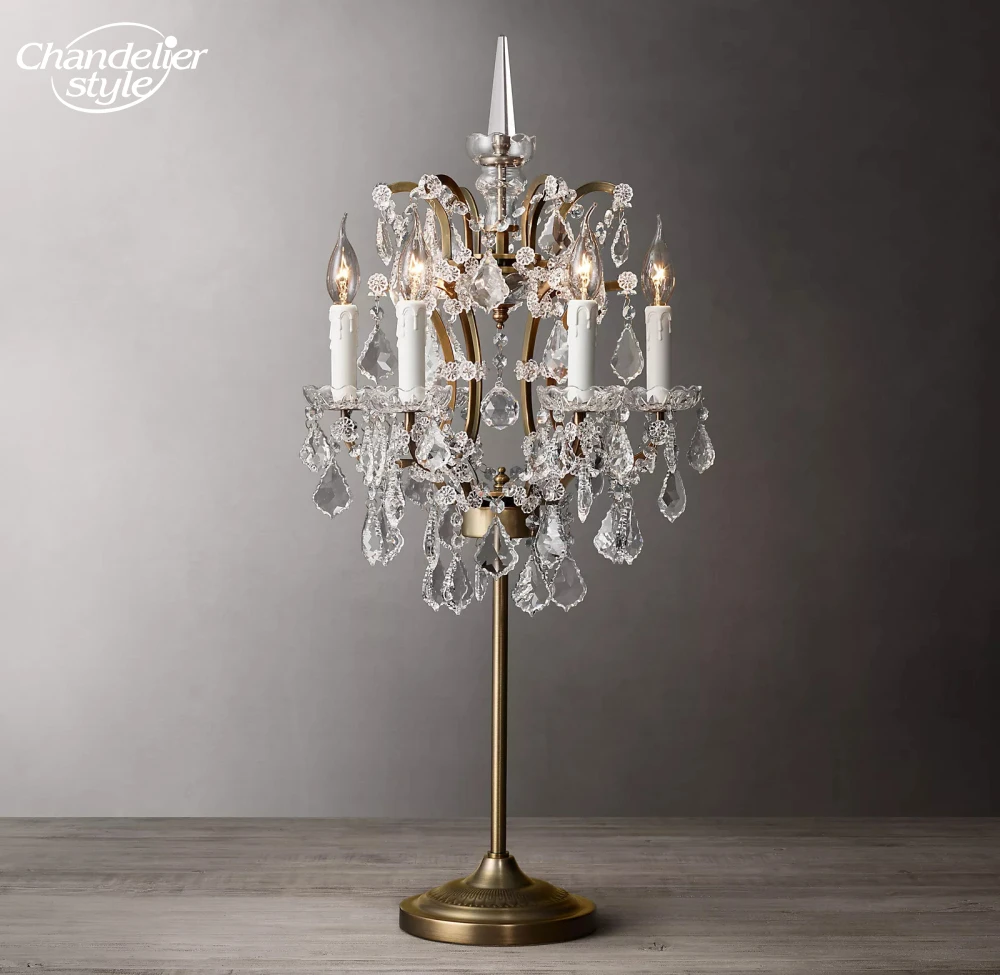 

19th C. Rococo Clear Smoke Crystal Table Lamps Modern Retro LED Brass White Candle Desk Lights Bedroom Study Indoor Lighting