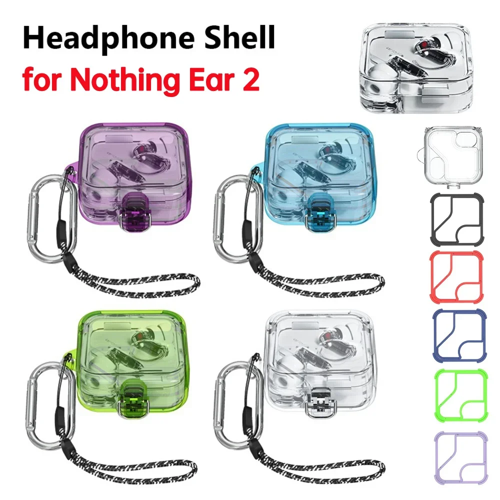 PC Protective Cover Clear Candy Color Earphone Sleeve With Lanyard Hook On-off Snap Waterproof Fall-protection for Nothing Ear 2