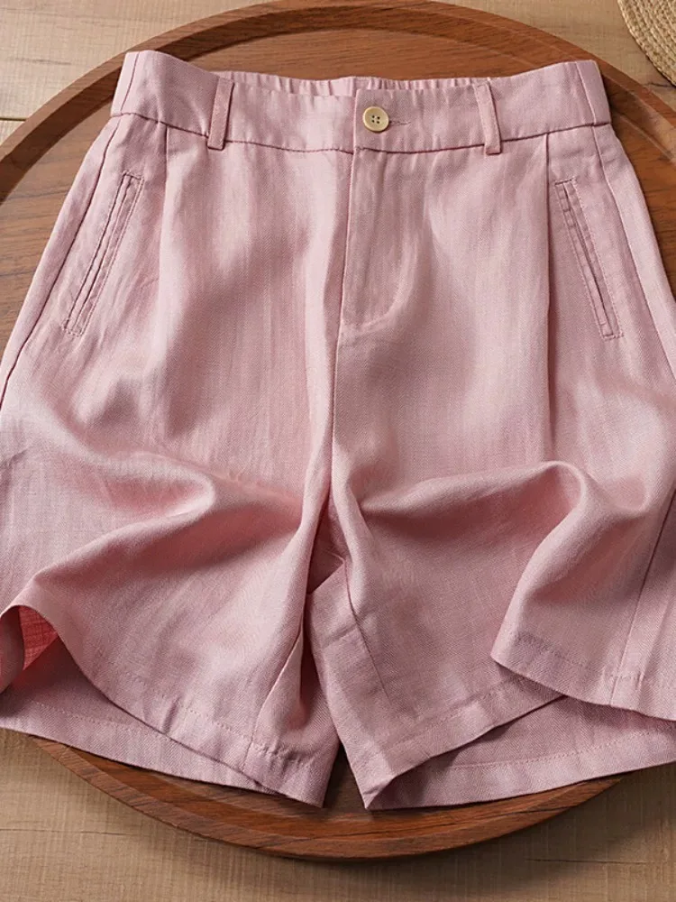 Damski lniany komplet casualowy, wysoki stan, wyszczuplający, luźny krój, letnie, cienkie lniano-bawełniane spodnie z szerokimi nogawkami, prosty krój, długość do połowy uda.