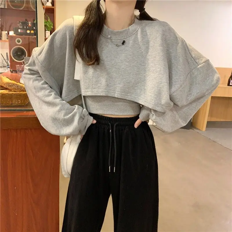 Hip Hop Two-piece Short T Shirts Spring Autumn New Long Sleeve Loose Lazy Style Thin Tops Tees Casual Fashion Women Clothing