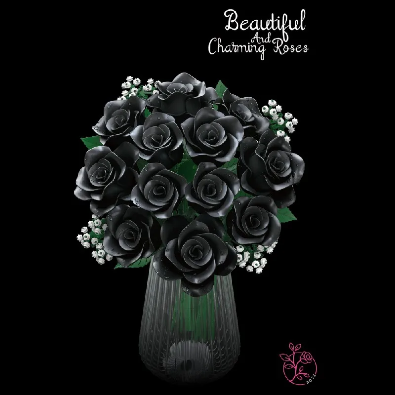 

Creative Romantic Black Rose Flower Bouquet Building Blocks Halloween Party Decoration Assemble Brick Christmas Gift For Girls