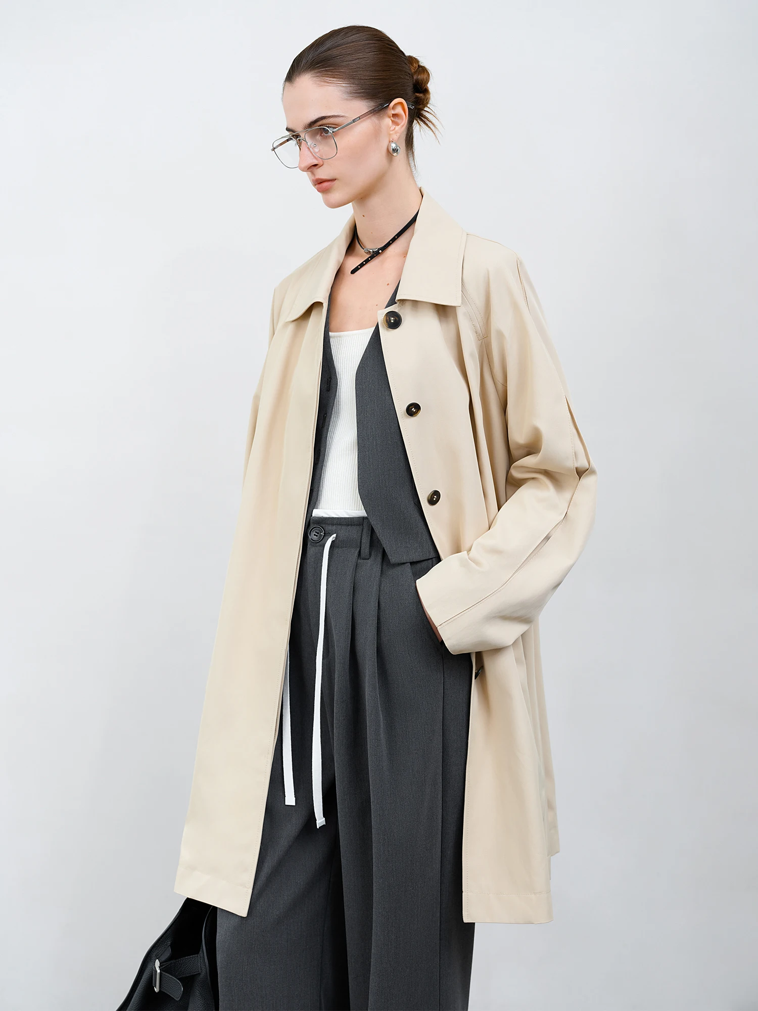 FSLE 【Premium Series】 Khaki A-line Lapel Mid-length Trench Coat For Women 2025 Spring New Design Style Chic Coat 25FS11277