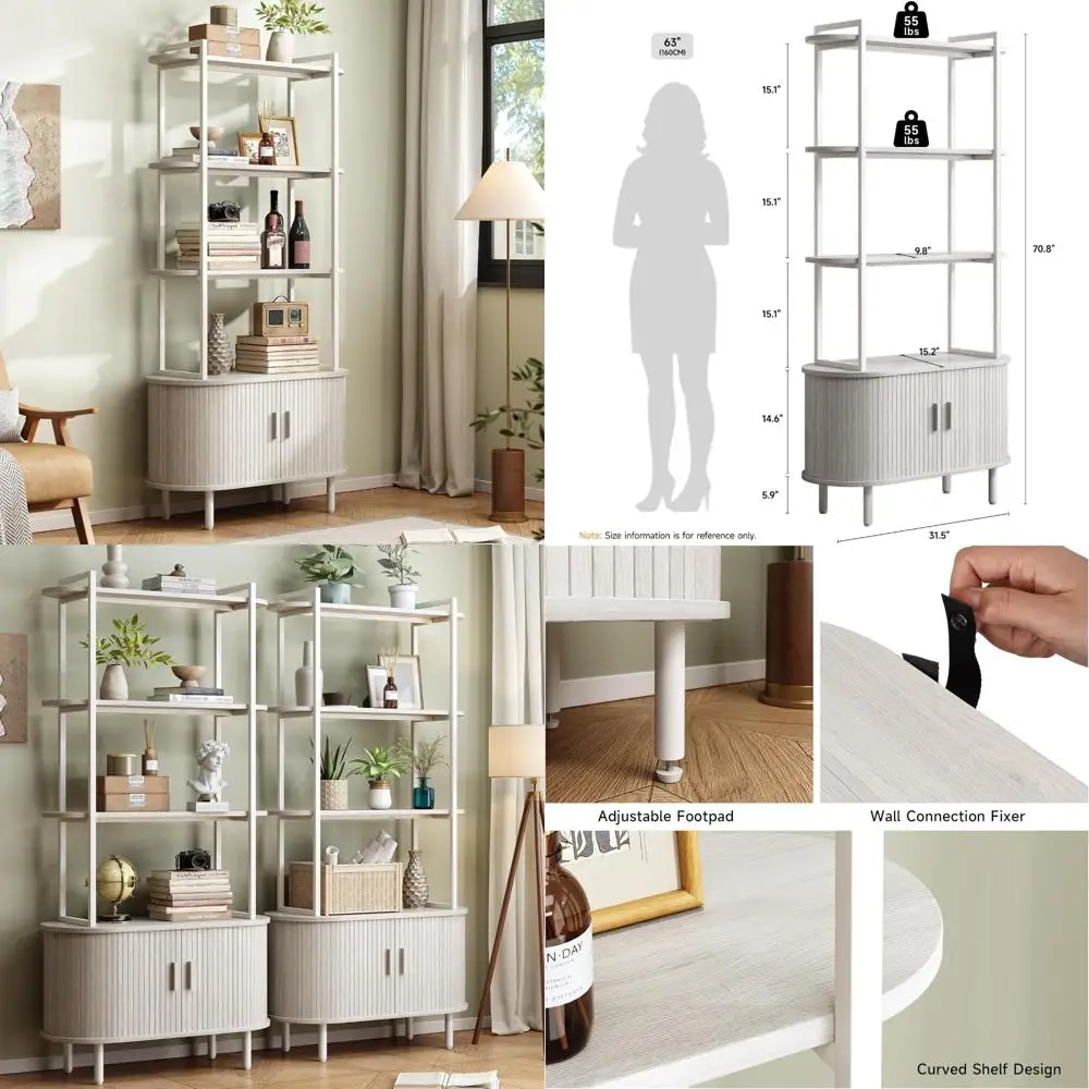 4-х уровневая высокая современная книжная полка со шкафом для хранения, раздвижной дверью и регулируемыми ножками для домашнего офиса