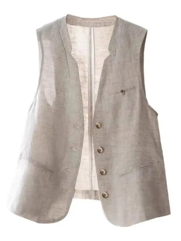 Retro British Style Linen  Vest Women's Summer Thin Sleeveless V-neck Coat Top Fashionable Breathable Airy Outerwear