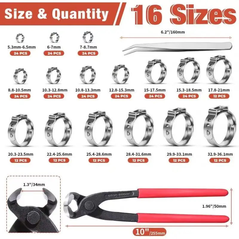 300pcs Single Ear Hose Clamps 12 Sizes 5.3-36.1mm 304 Stainless Steel Crimp Cinch Rings Tools Kit Fitting Pipe Hoses Car Use