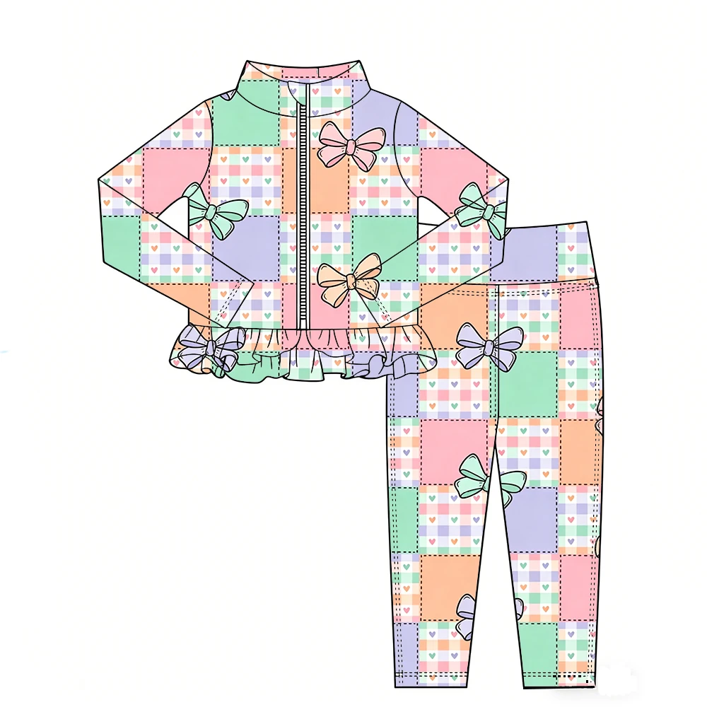 Boutique Hot-selling girls' outfit long-sleeved and long-legged with ruffled zipper and Dinosaur Flower Bow print custom