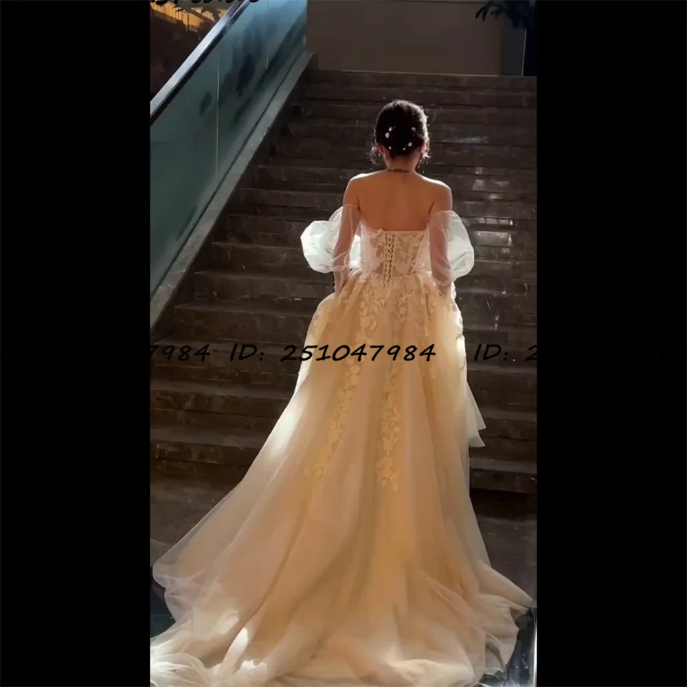 SONDR Open Back Strapless Custom Made A-Line Puff Sleeves Wedding Dresses Appliqus Ivory Brides Gowns Women Bridal Dresses