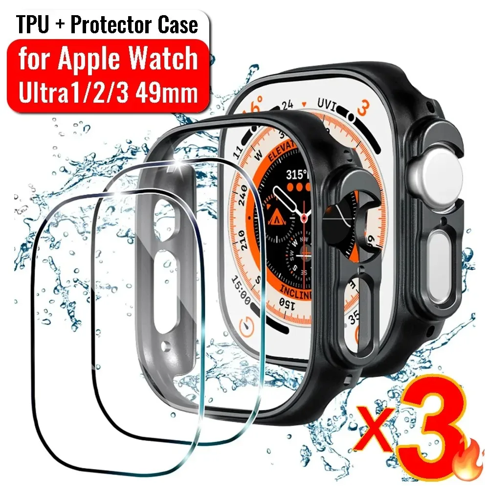 Cover in TPU per Apple Watch Ultra1/2/3 Custodia da 49 mm Paraurti antiurto in TPU + Proteggi schermo morbido per Apple Watch Ultra3/2/1 49 mm