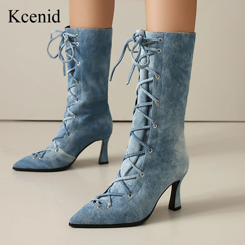 

Kcenid Blue Denim High Heels Mid Calf Boots For Women Winter Lace Up Pumps Party Jazz Dance Shoes Large Size 48 Daily Bota Shoes