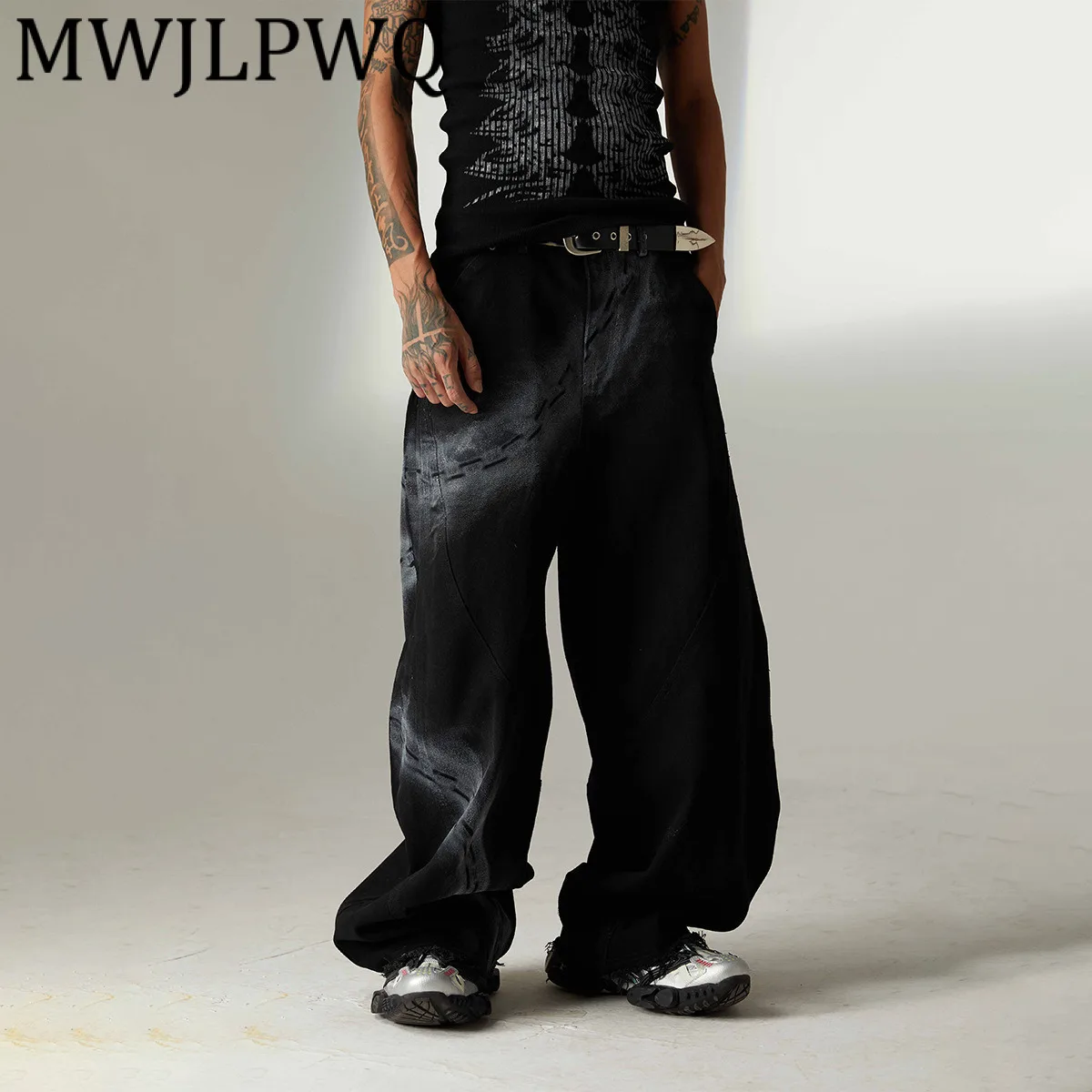 

MWJLPWQ High Street American Gradual Design Machete Jeans Men's RO Style Distress Washed Wide Leg Pants 2025 Autumn New 21265