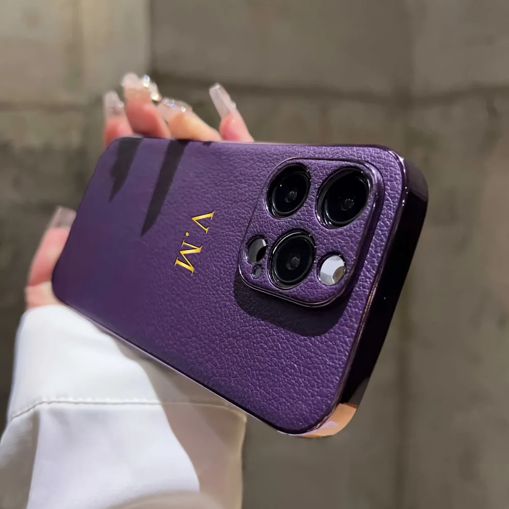 

Luxury Plating Leather Case For iPhone 16 15 14 13 12 11 Pro Max 12 11 Personalized Customized Name Initials Cover 15 16 Pro Max