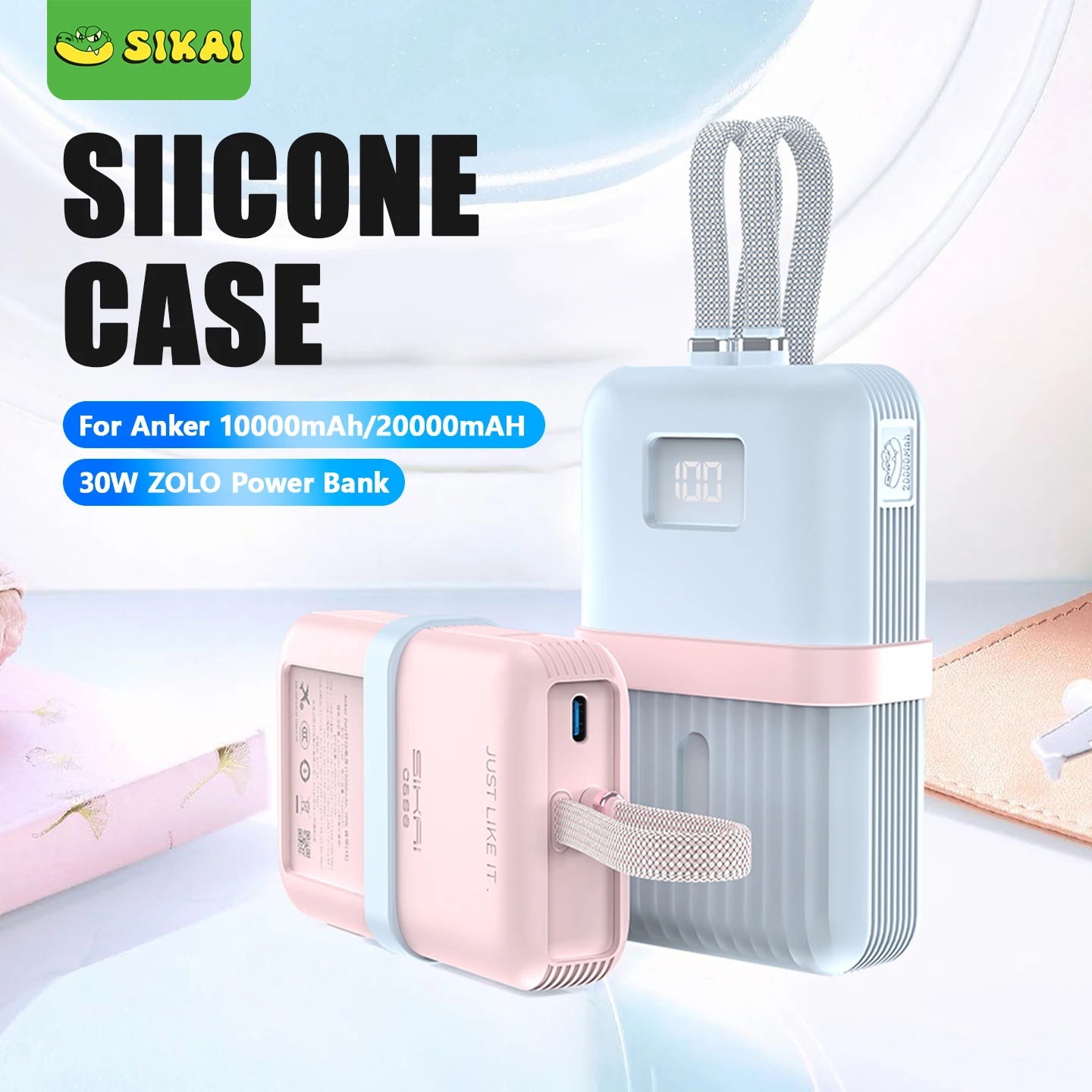 SIKAI Soft Silicone Shockproof Protective Cover Silicone Case for Anker Zolo Power Bank 10,000mAh/20,000mAh 30W/35W