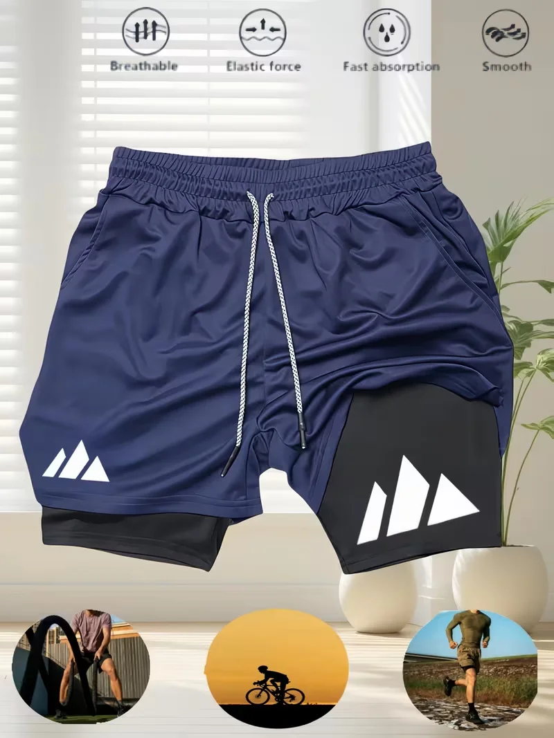 Men's summer breathable dual-purpose double-layer shorts with elastic compression and quick drying multifunctional sports shorts