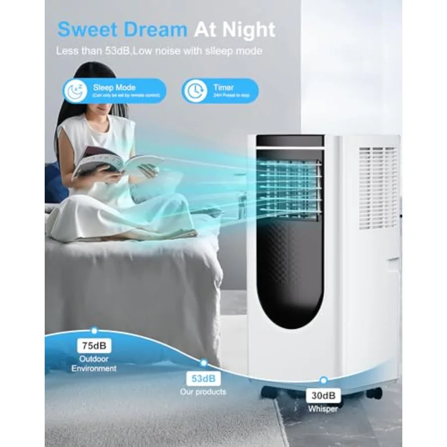 مكيفات هواء محمولة بقدرة 8000 وحدة حرارية بريطانية مع 4 أوضاع للتبريد الفعال وتوفير الطاقة وجهاز التحكم عن بعد ومؤقت 24 ساعة مثالي للسرير