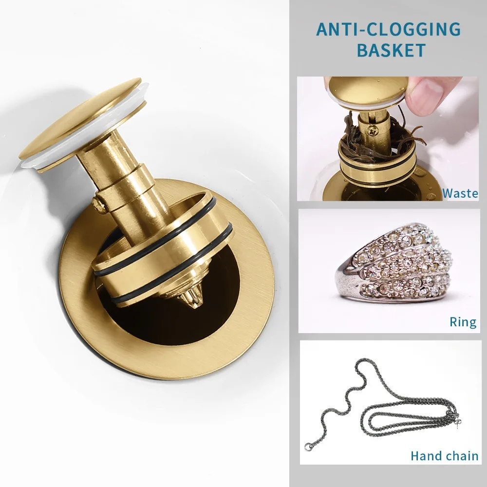 Bathroom Sink Drain Vanity Sink Drain with Strainer Basket Brushed Gold Anti Clogging Drain