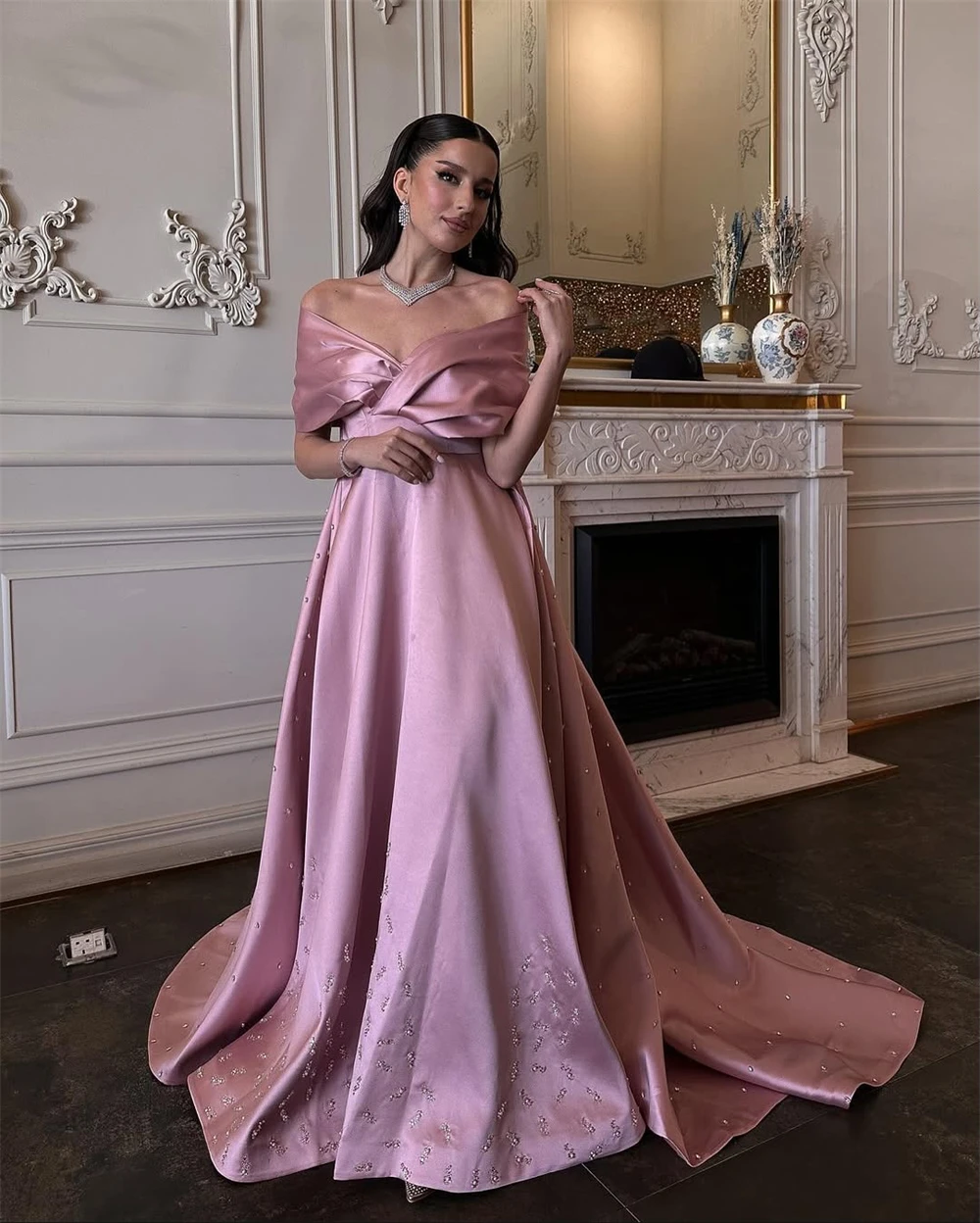 Customized Classic Pink Satin Evening Dress Formal V-Neck Off the Shoulder Party Dress Graceful A-Line Court Train Prom Dresses